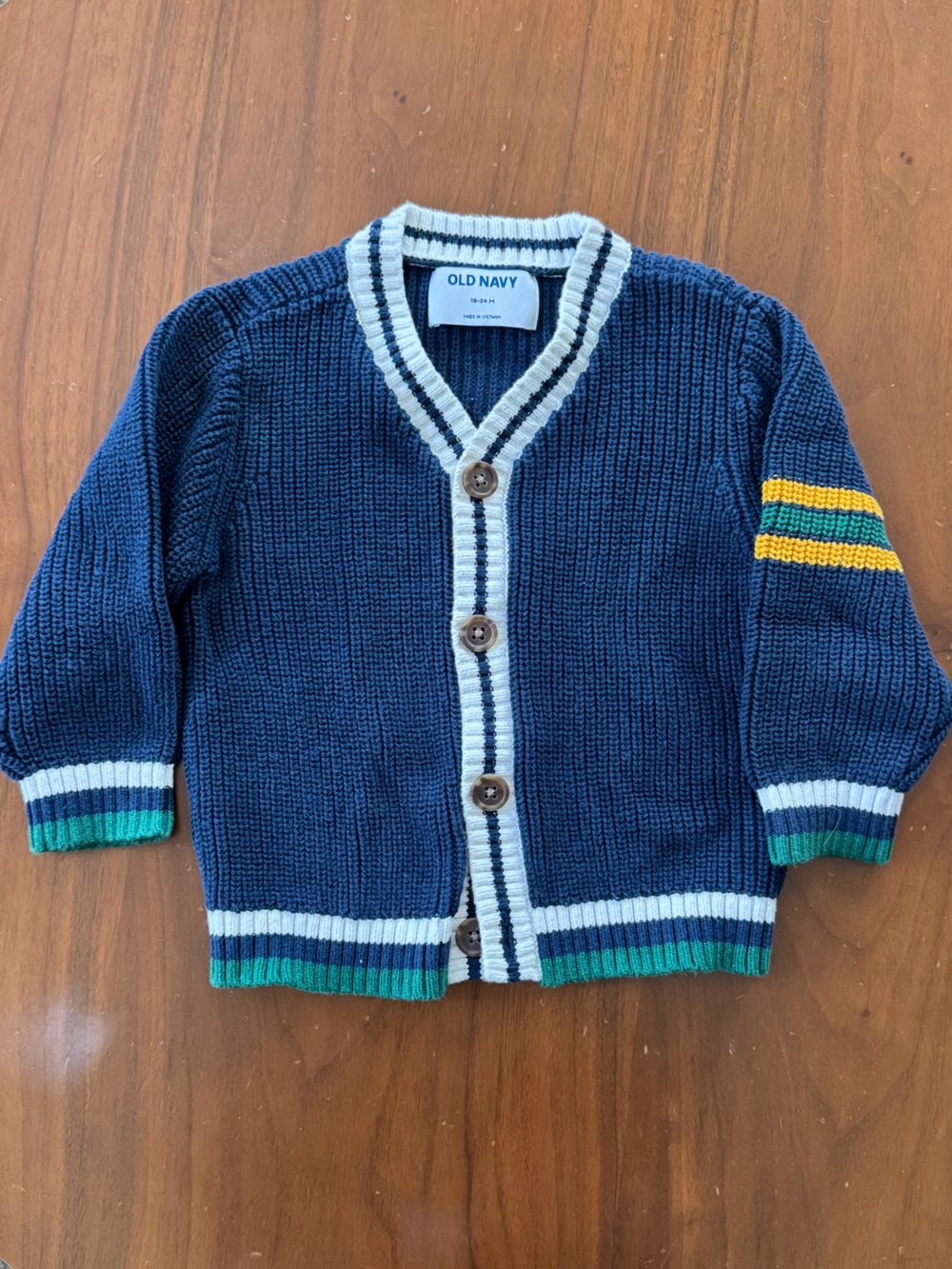 Old Navy Navy Blue Knit Cardigan with White, Green & Yellow Trim | NWOT